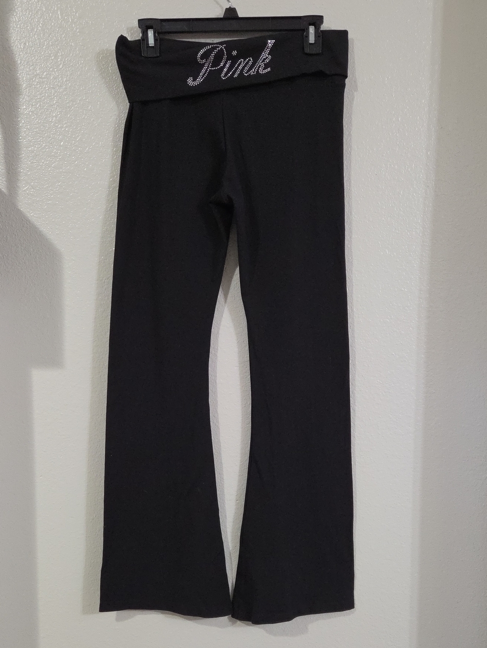 PINK Victoria's Secret Black Fold-Over Waist Flare Leggings with Rhinestone Logo